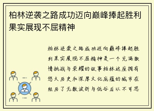 柏林逆袭之路成功迈向巅峰捧起胜利果实展现不屈精神
