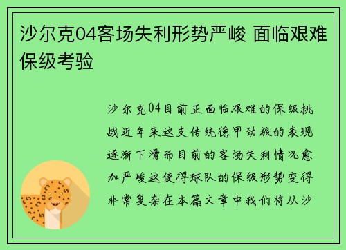 沙尔克04客场失利形势严峻 面临艰难保级考验